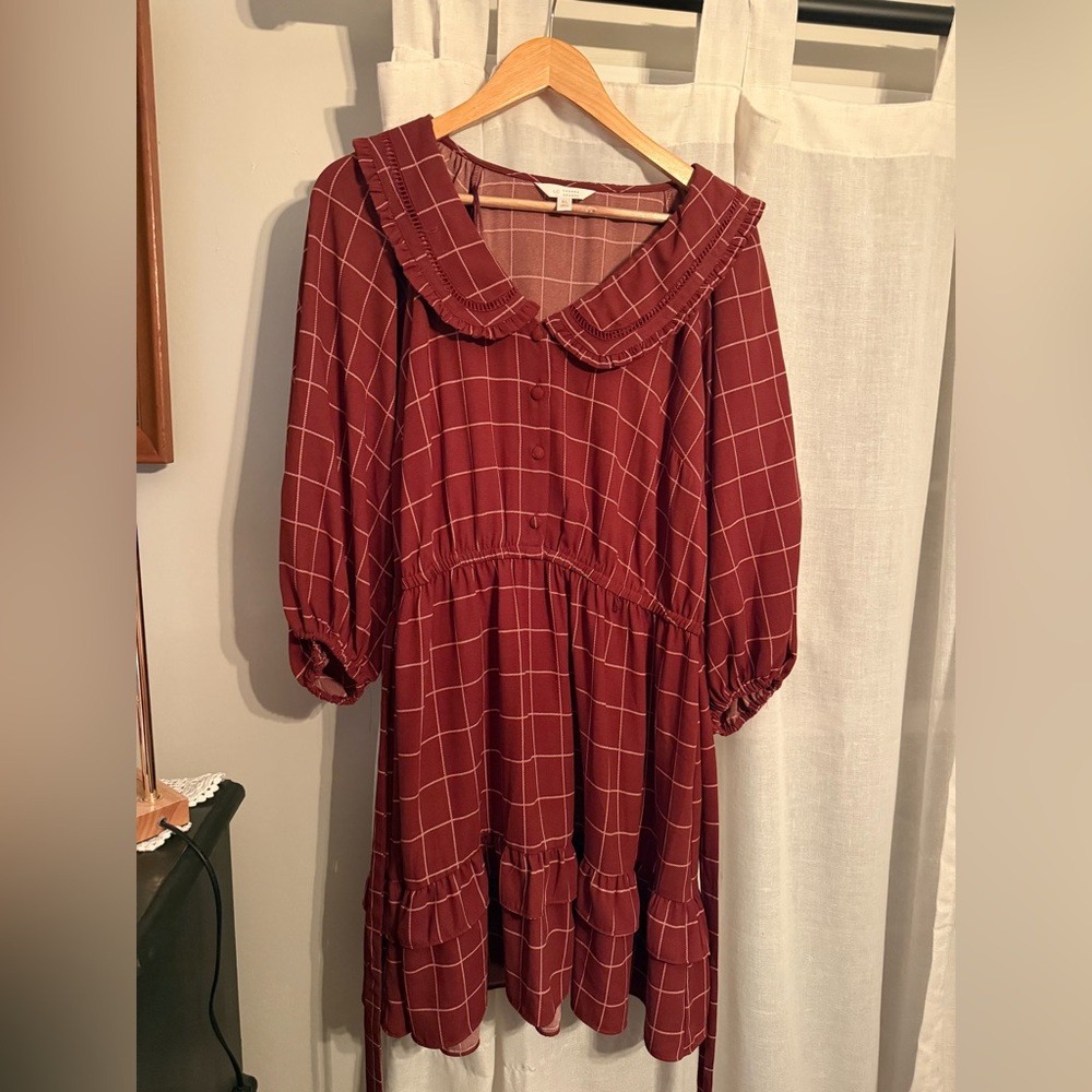 Plaid Burgundy Dress with Ruffle Collar